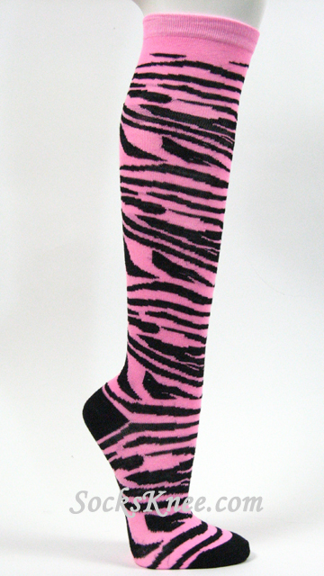 Pink White Zebra Striped Women's High Knee Socks - Click Image to Close