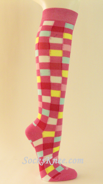 Pink with Light Blue Yellow White Plaid Knee Socks for Women - Click Image to Close