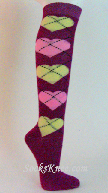 Plum (Bright Purple) with Yellow & Pink Hearts Knee Socks - Click Image to Close