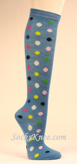 Polka Dots Light Blue Women's Knee Socks - Click Image to Close