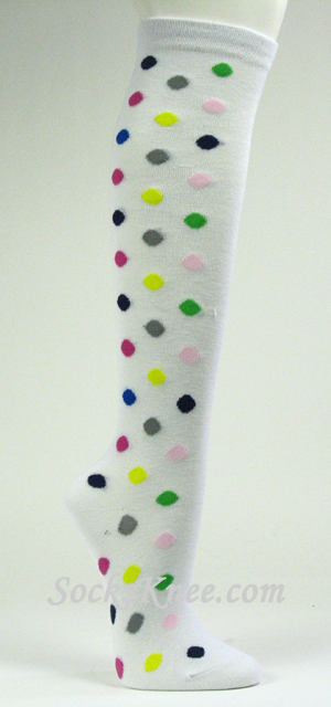 Polka Dots White Women's Knee Socks - Click Image to Close