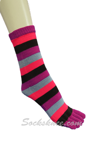 Purple, Black, Hot Pink Women Mid-Calf Striped Toe Socks - Click Image to Close