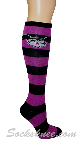 Striped Cute Anime Skull Knee High Socks - Purple / Black - Click Image to Close