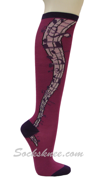 Purple Knee High Fashion Socks with Music Notes/Symbol - Click Image to Close