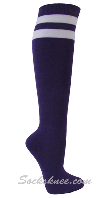 Purple and 2 White Stripes Knee High Socks for Women - Click Image to Close