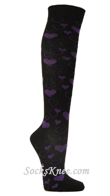 Purple heart pattern Black Knee Socks for Women - Click Image to Close