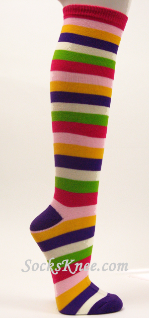Purple Hot Pink White Lime Green etc.. Striped High Socks, Thick - Click Image to Close