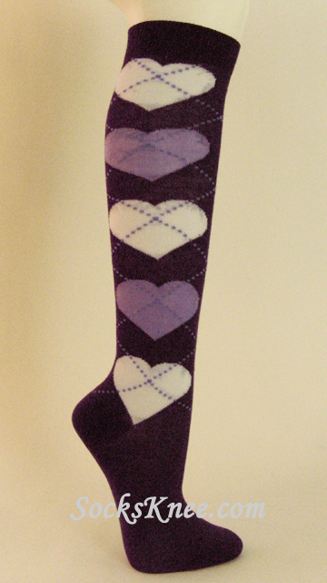 Dark Purple with Lavender & White Hearts Knee Socks for Women - Click Image to Close