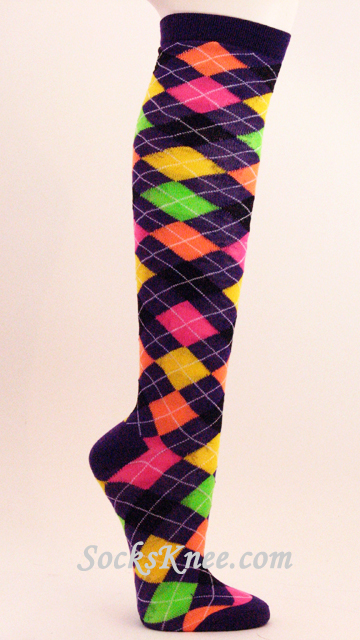 Purple Orange Neon Green Argyle Knee Socks for Girl - Click Image to Close