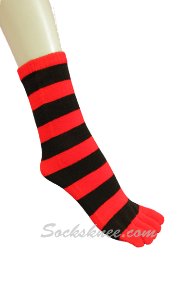 Red / Black Women Quarter ~ Mid-Calf Striped Toe Socks - Click Image to Close