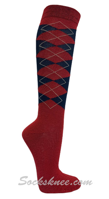 Red / Navy Argyle Women knee High Socks - Click Image to Close