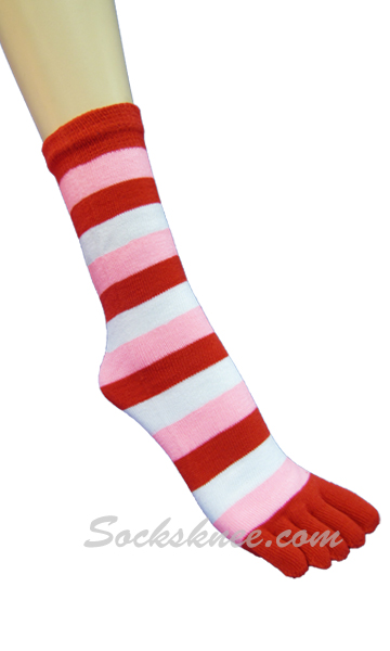 Red, Light Pink, White Quarter ~ Midcalf Striped Toed Toe Socks - Click Image to Close