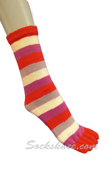 Red, Plum, White, Lilac Women Mid-Calf Striped Toe Socks - Click Image to Close