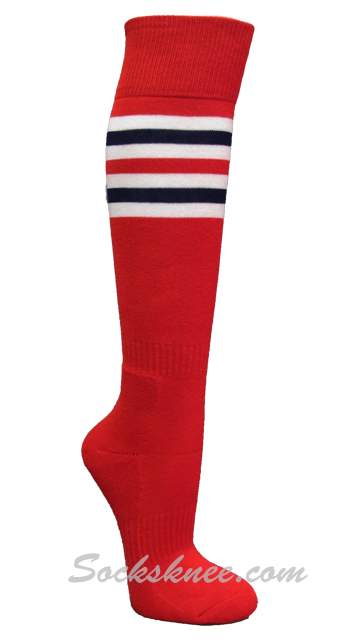 Red Athletic Sport Knee Sock with White & Navy Stripes - Click Image to Close
