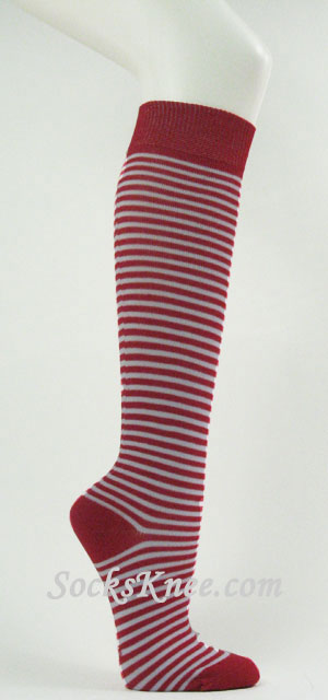 Red and White thin striped knee high socks - Click Image to Close