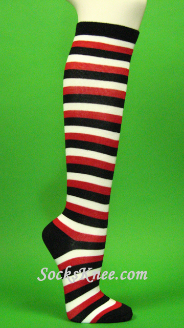Red Black & White Thin Striped Knee Hi Socks for Women - Click Image to Close
