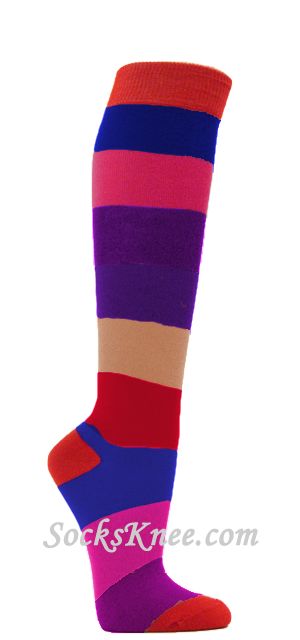 Red Blue Hot Pink Purple Wider Stripes High socks - Click Image to Close