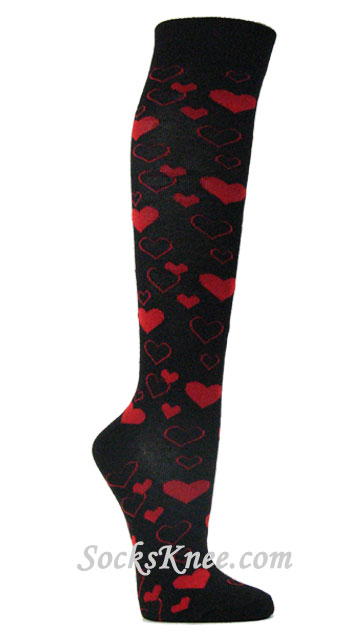 Red hearts Black Knee Socks for Women