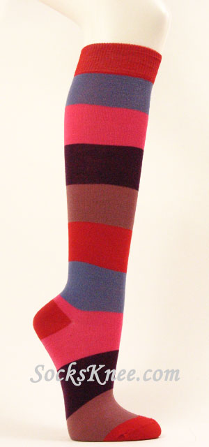 Red Lavender Pink Wider Striped Knee high socks - Click Image to Close
