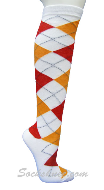White Red Orange Argyle throughout Knee Socks