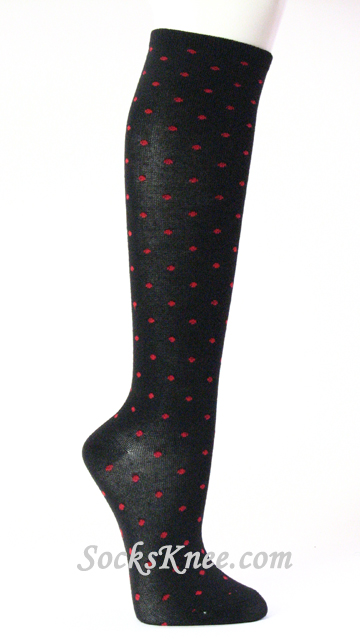 Red polka dots Black Knee Socks for Women