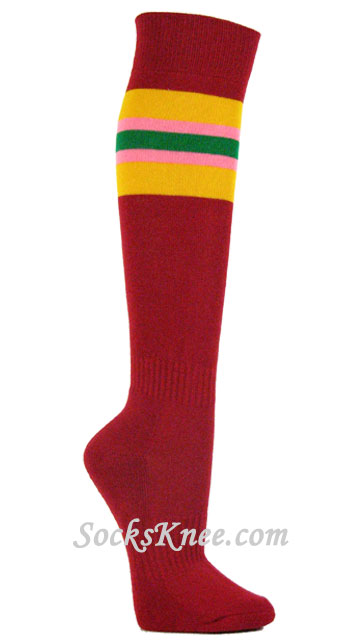 Red Stripe Socks With Golden Yellow Pink Green for Sports - Click Image to Close