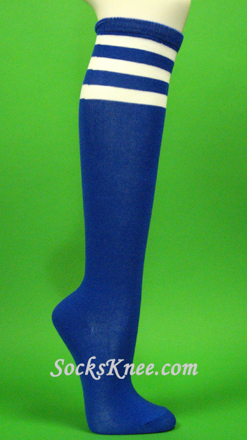 Blue with 3 White Stripes Women's Knee Hi Socks