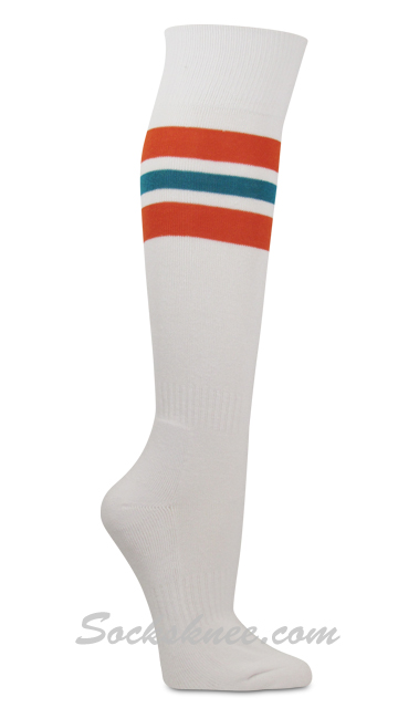 Semi-pro Jackie Moon Knee High Sport Socks, White/Orange/Teal - Click Image to Close