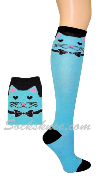 Cat with Bow Ties Sky Blue Knee High Fashion Socks - Click Image to Close