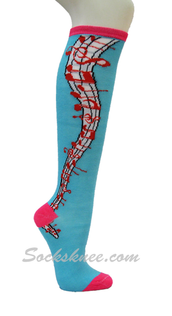 Sky Blue Knee High Fashion Socks with Music Notes/Symbol - Click Image to Close