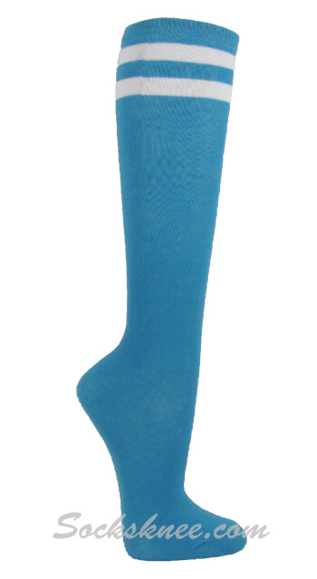 Sky Blue with 2 White Stripes Women Knee High Socks - Click Image to Close