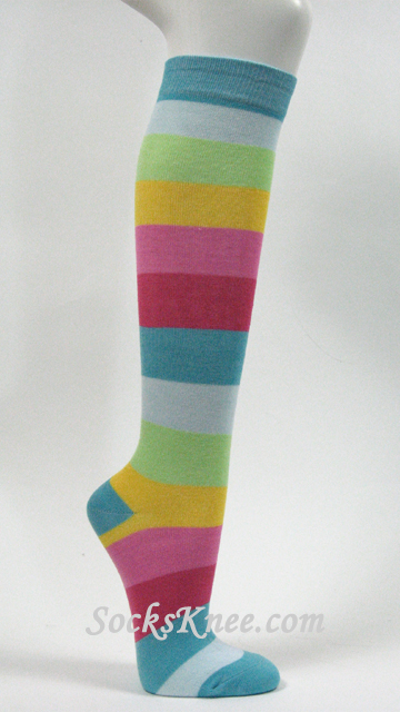 Sky Blue Wide Rainbow Stripe Womens High Knee Socks - Click Image to Close