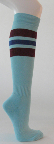 Light sky blue cotton knee socks maroon blue striped