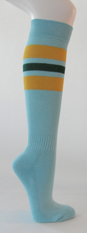 Light sky blue cotton knee socks golden yellow green striped