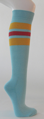 Light sky blue cotton knee socks golden yellow red striped