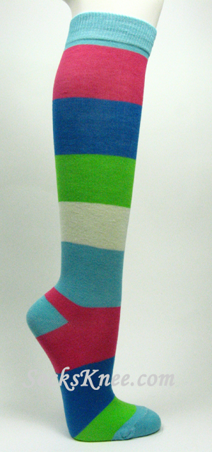 Skyblue Hot Pink Blue Lime Green Women's Fashion High Socks - Click Image to Close