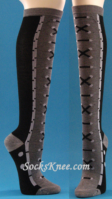 Black / Light Gray Sneaker Theme High Socks for Women - Click Image to Close