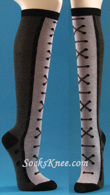 Charcoal Grey / Light Gray Sneaker Theme High Socks for Women - Click Image to Close