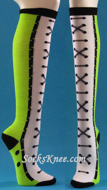 Neon Green / White Sneaker Theme High Socks for Women - Click Image to Close