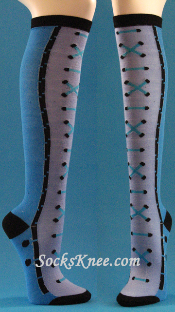 Turquoise Blue / Light Blue Sneaker Theme High Socks for Women - Click Image to Close
