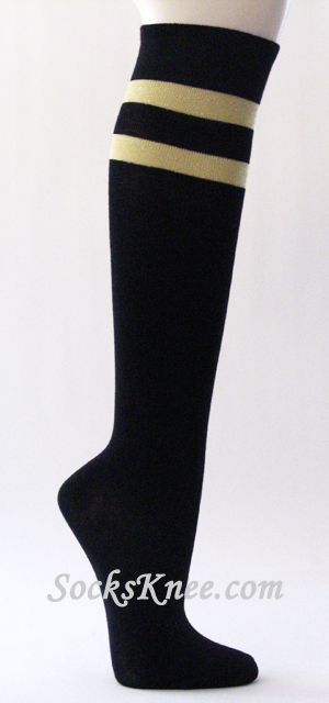 Cool Sparkling Ivory Striped Black Knee High Socks for Women - Click Image to Close