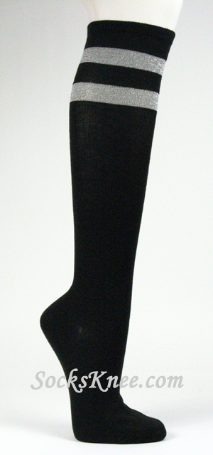 Sparkling Silver Striped Black Knee High Socks for Women