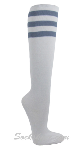 White with Steel Blue Striped Women's Knee High socks - Click Image to Close