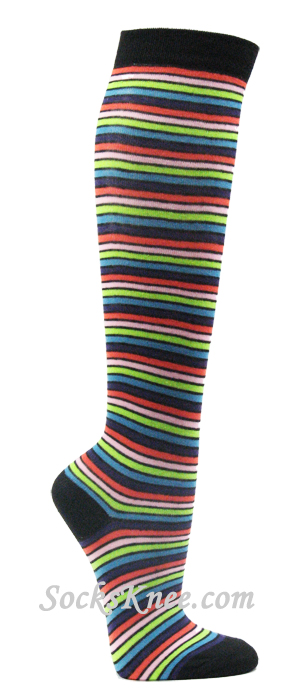 Black Pink Red Lime Green Light Blue Thin Striped Knee Socks - Click Image to Close