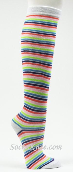 White Orange Pink Lime Green Light Blue Thin Striped Knee Socks - Click Image to Close