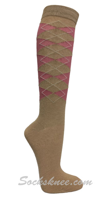 Taupe / Dust Pink Argyle Women knee High Socks - Click Image to Close