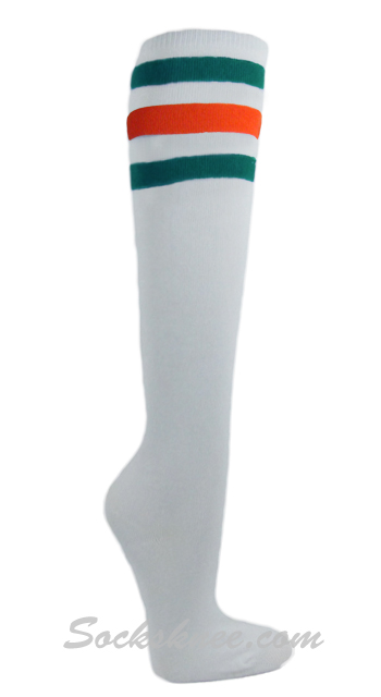 White Premium Quality with Teal Orange stripes Women knee High socks - Click Image to Close