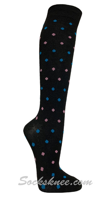 Turquoise / Pink Tiny Dots Black Women Knee high socks - Click Image to Close