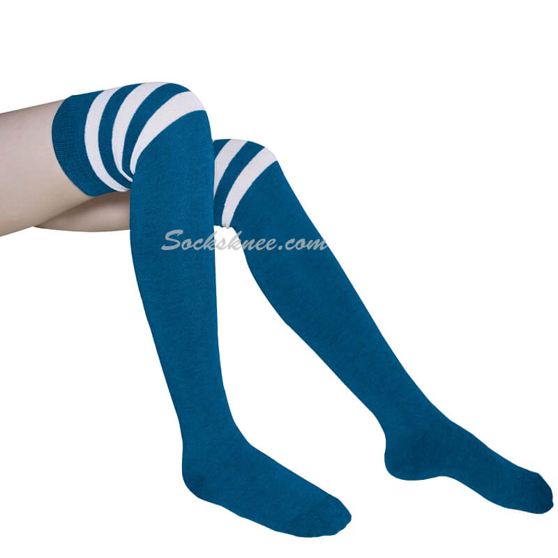 Turquoise Cotton Thigh High White Triple Striped Women Socks - Click Image to Close