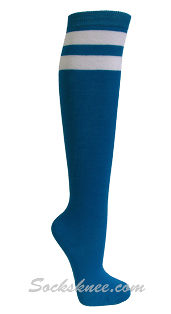 Turquoise and 2 White Stripes Knee High Socks for Women & Junior - Click Image to Close